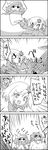  &gt;_&lt; 4koma aki_shizuha ascot bow cirno closed_eyes comic commentary dress greyscale hair_bow hair_ornament hat highres ice ice_wings jitome jumping leaf_hair_ornament letty_whiterock monochrome multiple_girls on_head person_on_head pointing scarf smile sweat sweatdrop tani_takeshi touhou translated wings yukkuri_shiteitte_ne 