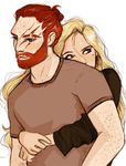  1boy 1girl beard bill_weasley blonde_hair blue_eyes facial_hair fleur_delacour freckles harry_potter hug husband_and_wife orange_hair scar short_sleeves smile 