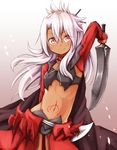  armpits baram chloe_von_einzbern coat dark_skin dual_wielding fate/kaleid_liner_prisma_illya fate_(series) holding kanshou_&amp;_bakuya long_hair looking_at_viewer midriff navel pink_hair ponytail red_eyes simple_background solo stomach tattoo tied_hair 