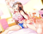  bad_id bad_pixiv_id barefoot blurry breasts brown_hair depth_of_field feet gym_shorts large_breasts long_hair one_eye_closed original purple_eyes ryouma_(galley) shorts sitting soles solo sparkle stretch tank_top toes 