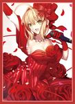  ahoge blonde_hair bow breasts cleavage dress fate/extra fate_(series) flower gloves hair_flower hair_ornament hair_ribbon highres idol_emperor large_breasts long_hair looking_at_viewer microphone nero_claudius_(fate) nero_claudius_(fate)_(all) open_mouth petals red_dress red_gloves ribbon rose rose_petals shinooji solo type-moon 