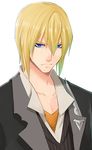  blonde_hair blue_eyes coat eizen_(tales) expressionless looking_at_viewer male_focus orange_shirt shirt solo tales_of_(series) tales_of_berseria tktg upper_body white_background 