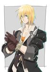  belt blonde_hair blue_eyes brown_gloves coat cowboy_shot eizen_(tales) gloves grey_background looking_at_viewer male_focus orange_shirt serious shirt solo tales_of_(series) tales_of_berseria tktg 