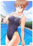  2016 artist_name blue_sky blush brown_eyes brown_hair cloud collarbone competition_swimsuit covered_navel dated day eyebrows eyebrows_visible_through_hair fence forest hair_between_eyes hair_bun hand_up highres long_hair looking_at_viewer nature one-piece_swimsuit open_mouth original outdoors pool shiny shiny_hair shiny_skin sidelocks skin_tight sky solo standing swimsuit thealagator tied_hair 