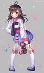  alternate_costume antenna_hair artist_name black_bow blue_footwear blue_skirt blush bow brown_eyes brown_hair d.va_(overwatch) facepaint full_body grey_background gun hanato_(seonoaiko) holding holding_gun holding_weapon kneehighs korean_clothes leaning_forward long_hair long_sleeves looking_at_viewer overwatch sash shoes simple_background skirt smile solo sparkle weapon whisker_markings white_legwear wind_chime younger 