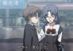  1girl artist_request ashikaga_yuuki brown_eyes brown_hair character_request closed_eyes cross_days glasses open_eyes purple_hair school_days school_uniform smile subtitled translation_request 