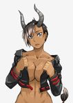  abs asymmetrical_bangs bad_deviantart_id bad_id bangs black_hair blue_eyes borrowed_character bottomless breasts cleavage collarbone commentary cow_tail cropped_jacket dark_skin demon_girl demon_horns grey_hair horns jacket large_breasts lips multicolored_hair no_bra open_clothes open_jacket original out-of-frame_censoring parted_lips short_hair solo tail two-tone_hair undressing very_short_hair whistle_frog 
