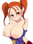  areolae blush breast_hold breasts breasts_outside brown_hair crossed_arms dragon_quest dragon_quest_viii huge_breasts jessica_albert konboi-eg looking_at_viewer looking_to_the_side nipples smile solo twintails upper_body white_background 