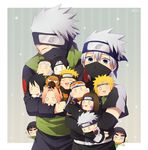  2girls 6+boys carrying chibi child closed_eyes dated dog dual_persona fingerless_gloves forehead_protector gloves grey_background grey_eyes hair_between_eyes haruno_sakura hatake_kakashi hatake_sakumo holding konohagakure_symbol mask might_guy multiple_boys multiple_girls namikaze_minato naruto naruto_(series) naruto_shippuuden ninja nohara_rin one_eye_covered outside_border pakkun_(naruto) sai_(naruto) simple_background spiked_hair standing star starry_background striped striped_background takaichi_(as121) thumbs_up time_paradox uchiha_obito uchiha_sasuke uzumaki_naruto yamato_(naruto) younger 