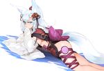  animal_ears blue_eyes blush bow breasts comb erune fox_ears fox_tail ganesagi granblue_fantasy hair_ornament half_updo hand_to_own_mouth long_hair looking_at_viewer lying medium_breasts on_stomach ponytail sideboob silver_hair simple_background socie_(granblue_fantasy) solo tail thigh_strap white_background 
