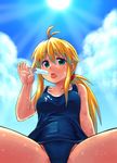  blonde_hair breasts cloud commentary_request day eating food food_on_body food_on_clothes from_below green_eyes highres koshirae_tsurugi long_hair m.m medium_breasts one-piece_swimsuit open_mouth original outdoors ponytail popsicle school_swimsuit sitting sky solo spread_legs sun sweat swimsuit thighs tongue tongue_out 
