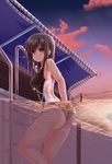  adjusting_clothes adjusting_swimsuit back bad_ass breasts brown_eyes brown_hair chestnut_mouth cloud competition_swimsuit highres large_breasts long_hair looking_back one-piece_swimsuit original pool pool_ladder power_lines shouyan solo sunset swimsuit water wet wet_clothes wet_swimsuit 