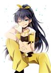  beyond_the_vibes black_bra black_hair blue_eyes bra bracelet breasts cleavage earrings ganaha_hibiki gen_(enji) hair_between_eyes hair_ribbon high_ponytail idolmaster idolmaster_(classic) jewelry long_hair medium_breasts midriff navel one_eye_closed ribbon solo tongue tongue_out underwear yellow_ribbon 