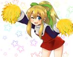  ;d arm_up bangs black_shirt blonde_hair blue_eyes cheerleader cowboy_shot dress eyebrows_visible_through_hair flat_chest frilled_dress frills green_ribbon hair_between_eyes hair_ribbon leaning_forward long_hair long_sleeves looking_at_viewer m.m one_eye_closed open_mouth pom_poms ponytail red_dress ribbon rockman rockman_(classic) roll shirt sidelocks smile solo standing star starry_background turtleneck turtleneck_dress undershirt white_background 