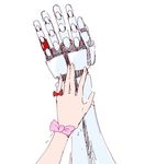  1girl amputee bow idolmaster idolmaster_cinderella_girls maru_(sara_duke) mechanical_arm out_of_frame producer_(idolmaster) prosthesis prosthetic_arm red_bow ribbon sakuma_mayu sketch 