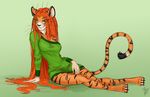  2015 4_toes anthro bare_shoulder bottomless claws clothed clothing elvofirida feline female fur green_background green_eyes hair inner_ear_fluff long_hair looking_back mammal reclining red_hair simple_background sitting smile solo striped_fur stripes tiger toe_claws toes translucent_hair whiskers wide_hips 
