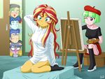  2girls 4boys blush curly_winds flash_sentry glasses legs micro_chips modeling multiple_boys multiple_girls my_little_pony my_little_pony_equestria_girls my_little_pony_friendship_is_magic no_pants nosebleed painting personification sandalwood socks sunset_shimmer tagme uotapo watermelody 