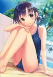  absurdres bare_legs barefoot blush brown_eyes brown_hair day eyebrows eyebrows_visible_through_hair head_tilt highres legs one-piece_swimsuit original outdoors pool poolside scan school_swimsuit sitting sky smile solo sunlight swimsuit takoyaki_(roast) tree twintails 