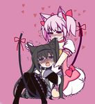  akemi_homura animal_ears biting black_hair black_hairband blush breath capelet cat_ears commentary_request ear_biting ear_pull eargasm getumentour hairband highres kaname_madoka kemonomimi_mode long_hair magical_girl mahou_shoujo_madoka_magica multiple_girls pantyhose pink_hair pleated_skirt purple_eyes short_twintails skirt tail tears torogao twintails yuri 