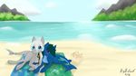  2016 absurd_res beach bigbidoof bikini bioluminescence blue_eyes clothing duo equine fan_character female feral fish friendship_is_magic glowing hair hi_res hooves horse hybrid lacera_viscera_(character) looking_at_viewer mammal marine multicolored_hair my_little_pony open_mouth pony seaside shark smile swimsuit water 