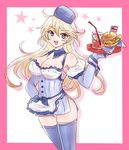  american_flag apron blonde_hair blue_dress blue_eyes blue_gloves breasts chemaru_(a8l) cleavage cup detached_collar dress drinking_glass drinking_straw elbow_gloves employee_uniform food gloves hamburger hand_on_hip hat highres iowa_(kantai_collection) kantai_collection large_breasts long_hair panties short_dress side_slit solo star thighhighs tray underwear uniform waist_apron white_panties 