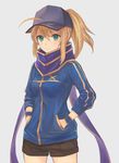  ahoge artoria_pendragon_(all) bad_id bad_pixiv_id baseball_cap blonde_hair blue_jacket blue_scarf breasts brown_shorts cowboy_shot fate/stay_night fate_(series) green_eyes grey_background hair_between_eyes hair_intakes hands_in_pockets hat jacket long_hair medium_breasts mysterious_heroine_x okakan ponytail rojiura_satsuki:_chapter_heroine_sanctuary scarf shorts simple_background solo track_jacket wristband 