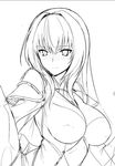  armor breasts cape cleavage commentary_request covered_nipples fate/grand_order fate_(series) greyscale harukon_(halcon) large_breasts lineart long_hair looking_at_viewer monochrome scathach_(fate)_(all) scathach_(fate/grand_order) shoulder_armor sidelocks sketch smile solo upper_body white_background 