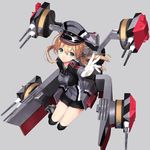  black_legwear blonde_hair blue_eyes cannon commentary_request gloves grey_background hat highres iron_cross kantai_collection kneehighs long_sleeves looking_at_viewer machinery naruse_hirofumi peaked_cap prinz_eugen_(kantai_collection) smile solo turret twintails 