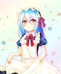  3: alternate_costume androgynous apron apron_lift bangs blue_background blue_hair blush bow bowtie dress embarrassed enmaided eyebrows eyebrows_visible_through_hair frilled_apron frills frown gradient gradient_background gradient_hair hair_between_eyes hair_bow hair_ribbon hatsuno_uin highres long_hair looking_at_viewer maid maid_headdress multicolored_hair puffy_short_sleeves puffy_sleeves red_bow red_neckwear ribbon rimuru_tempest short_sleeves simple_background solo sparkle sweat sweatdrop tensei_shitara_slime_datta_ken white_apron yellow_background yellow_eyes 