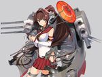  asymmetrical_legwear breasts brown_eyes brown_hair collar commentary_request flag grey_background hair_intakes headgear highres kantai_collection large_breasts long_hair looking_at_viewer machinery miniskirt naruse_hirofumi petals ponytail rigging simple_background skirt smile solo turret umbrella very_long_hair yamato_(kantai_collection) z_flag 