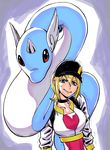  bangs baseball_cap black_hat blonde_hair blue_eyes breasts choker collarbone commentary_request cropped_jacket dragonair female_protagonist_(pokemon_go) gen_1_pokemon hair_between_eyes hat heavy highres horn long_hair long_sleeves medium_breasts on_shoulder pokemon pokemon_(creature) pokemon_(game) pokemon_go pokemon_on_shoulder ponytail shiitake_gensui solo sweat trembling 