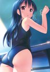  :o absurdres ass bangs black_hair brown_eyes chalkboard eyebrows eyebrows_visible_through_hair from_behind highres holding indoors long_hair looking_back one-piece_swimsuit open_mouth original scan school_swimsuit solo swimsuit takoyaki_(roast) writing 