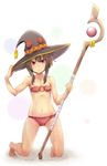  :&gt; barefoot bikini black_hair hat kneeling kono_subarashii_sekai_ni_shukufuku_wo! megumin nana-ine o-ring o-ring_top red_bikini red_eyes short_hair solo staff swimsuit water witch_hat wizard_hat 