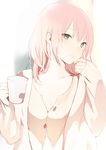  :o beige_jacket blue_eyes blush buttons coffee coffee_mug collarbone cup eyelashes head_tilt holding holding_cup jacket long_sleeves looking_at_viewer lpip mug open_clothes open_jacket open_mouth original pink_hair short_hair solo tsurime upper_body 