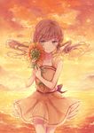  backlighting breasts brown_hair cloud cloudy_sky collarbone cowboy_shot dress flower green_eyes hair_ribbon highres holding holding_flower long_hair nagidango ocean orange_(color) original ribbon sky small_breasts smile solo striped sundress sunflower sunset twintails vertical-striped_dress vertical_stripes yellow_dress yellow_ribbon 