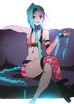  1girl absurdly_long_hair bare_shoulders belt belt_buckle bikini_top black_boots blue_hair boots breasts bullet bullet_necklace fingerless_gloves fingernails jinx_(league_of_legends) league_of_legends lip_biting lipstick long_hair low-tied_long_hair nail_polish necklace pink_eyes purple_legwear short short_shorts shorts single_thighhigh sitting smile solo stomach thighhighs twin_braids very_long_hair 