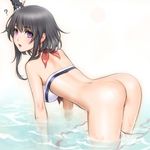  ? all_fours ass bare_shoulders bikini bikini_bottom_removed black_hair blush bottomless breasts from_behind hair_ornament highres kantai_collection looking_at_viewer medium_breasts open_mouth purple_eyes sano_toshihide short_hair short_hair_with_long_locks side-tie_bikini simple_background solo swimsuit wading wardrobe_malfunction water wet white_background yamashiro_(kantai_collection) 