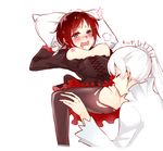 2girls blush breasts brown_legwear cunnilingus heavy_breathing lying moaning multiple_girls nipples on_back open_mouth pussy pussy_juice ruby_rose rwby spread_legs tears torn_clothes torn_pantyhose wavy_mouth weiss_schnee yuri 