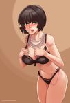  black_bra black_hair black_panties blush bra breasts cleavage embarrassed fubuki_(one-punch_man) green_eyes green_nails highres jewelry large_breasts leaning_forward nail_polish navel necklace one-punch_man open_mouth panties pussy_juice remote_control_vibrator short_hair solo tumtumisu underwear underwear_only vibrator 