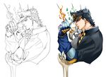  black_hair chaashuu chain earrings emerald fire from_side frown gakuran green_eyes hat hermit_purple jewelry jojo_no_kimyou_na_bouken kuujou_joutarou lineart male_focus muscle profile rapier sand school_uniform solo stand_(jojo) star_platinum stud_earrings sword upper_body weapon 