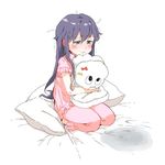  akatsuki_(kantai_collection) bad_id bad_twitter_id bedwetting bow character_doll commentary_request doll_hug gomennasai grey_eyes kantai_collection kneeling long_hair messy_hair miss_cloud on_bed pajamas pillow pink_pajamas sidelocks sketch solo stuffed_toy tears trembling white_background 