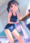  :o absurdres bangs bare_arms bare_shoulders blue_swimsuit blush breasts brown_eyes brown_hair chalkboard classroom desk eyebrows eyebrows_visible_through_hair highres indoors long_hair old_school_swimsuit one-piece_swimsuit open_mouth original scan school school_desk school_swimsuit small_breasts solo standing swimsuit takoyaki_(roast) towel twintails undressing 