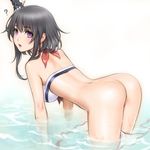  ? ass bare_shoulders bikini bikini_bottom_removed black_hair bottomless breasts from_behind hair_ornament highres kantai_collection looking_at_viewer open_mouth purple_eyes sano_toshihide short_hair simple_background solo swimsuit wading water wet white_background yamashiro_(kantai_collection) 