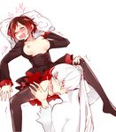  2girls blush breasts breasts_outside brown_legwear cunnilingus eyes_closed leg_grab lying moaning multiple_girls nipples on_back open_clothes open_mouth pantyhose pussy ruby_rose rwby short_hair spread_legs spread_pussy tears thighs torn_clothes torn_pantyhose trembling uncensored vaginal wavy_mouth weiss_schnee yuri 