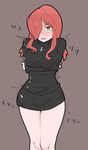  1girl bare_legs blush cross cross_necklace female hair_over_one_eye impossible_shirt inverted_cross long_hair open_mouth parasoul_(skullgirls) red_hair simple_background skullgirls solo sweater tagme yellow_eyes 