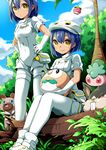  aether_foundation_employee akira_ry0 alolan_exeggutor alolan_form alolan_raticate bad_id bad_pixiv_id blue_hair boots bounsweet brown_eyes cloud dark_skin day fomantis gen_7_pokemon gloves hands_on_hips hat highres multiple_girls outdoors overalls pantyhose pokemon pokemon_(creature) pokemon_(game) pokemon_sm raticate rockruff rowlet short_hair short_jumpsuit sky smile tree white_legwear 