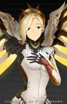  aqua_eyes black_gloves blonde_hair blue_eyes bodysuit breastplate breasts closed_mouth eyelashes faulds gloves hair_ornament hair_tie hand_on_own_chest headgear high_ponytail long_sleeves looking_at_viewer mechanical_halo mechanical_wings medium_breasts mercy_(overwatch) overwatch pokey ponytail reaching reaching_out short_hair skin_tight smile solo spread_wings swiss_flag turtleneck upper_body wing_print wings yellow_wings 