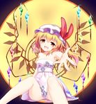  bare_arms black_background blonde_hair bow collarbone commentary_request crystal dress fang flandre_scarlet full_moon hair_between_eyes hat hat_bow head_tilt highres leisikukki looking_at_viewer mob_cap moon no_panties open_mouth orange_eyes outstretched_arm red_bow sash side_ponytail sitting smile solo strapless strapless_dress tareme touhou white_dress white_hat wings 