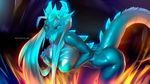  2016 anthro auroth_the_winter_wyvern bent_over big_breasts blue_eyes blue_hair blue_nipples blue_sclera blue_skin breast_squish breasts cyan_sclera dota dragon female hair holding_breast horn leaning leaning_forward nipples nude scalie skygracer solo teal_nipples video_games winter_wyvern 