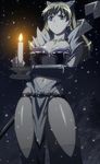  1girl blonde_hair blue_eyes breasts candle earrings elina large_breasts long_hair queen&#039;s_blade snow solo standing stitched 